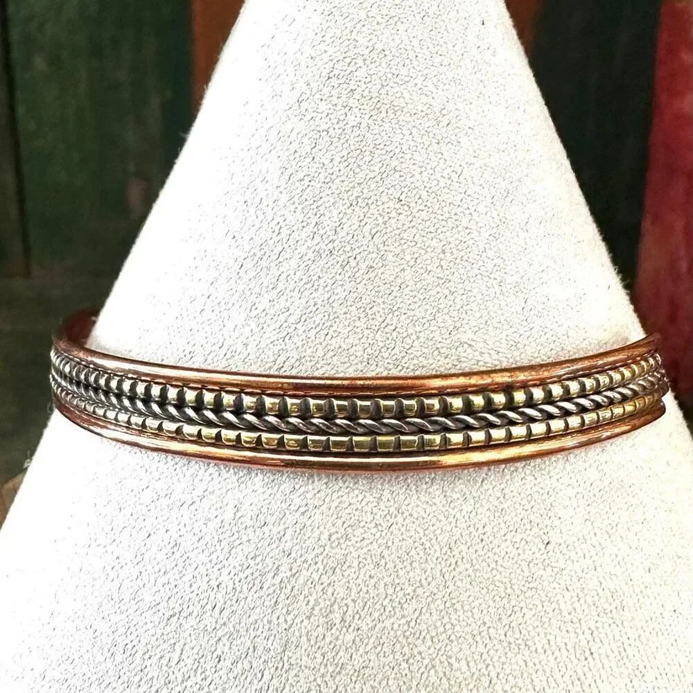 Copper Brass Silver-Tone Braided Cuff Bracelet